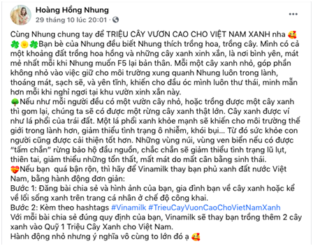 “Hot mom" Hồng Nhung bày tỏ trên trang cá nhân về chiến dịch của Quỹ 1 Triệu Cây Xanh cho Việt Nam